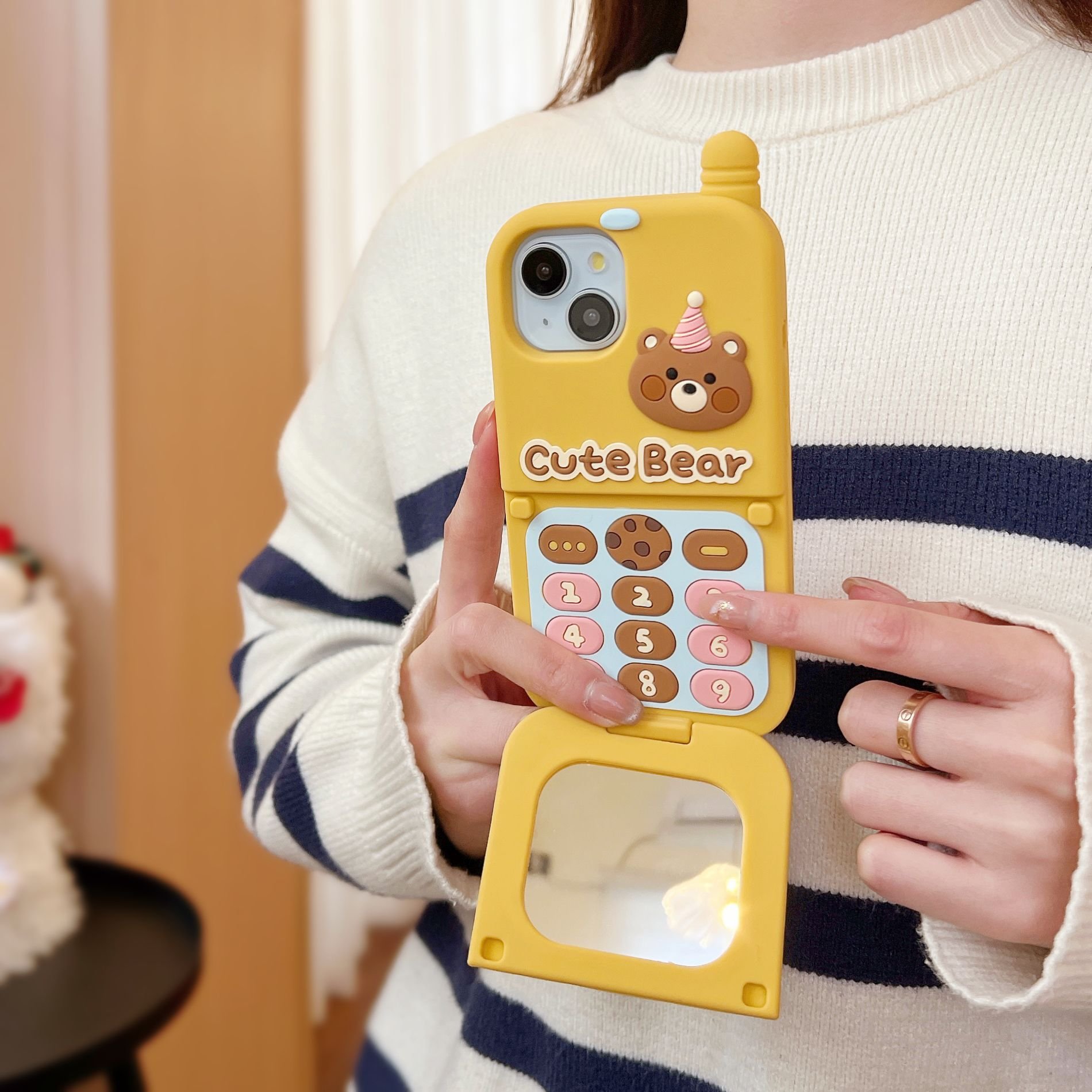 Little Bear Big Brother Flip Mirror Suitable For iPhone 15 Pro Max Phone Case 14 3D Cartoon 13 12 14 Soft Silicone Protective