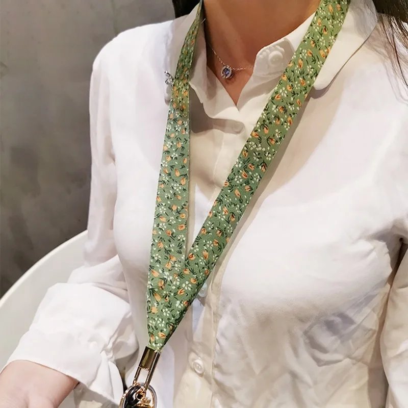 Floral Silk Scarf Mobile Phone Lanyard Universal Detachable Cellphone Strap Long Hanging Neck Rope For Working ID Card Keychain