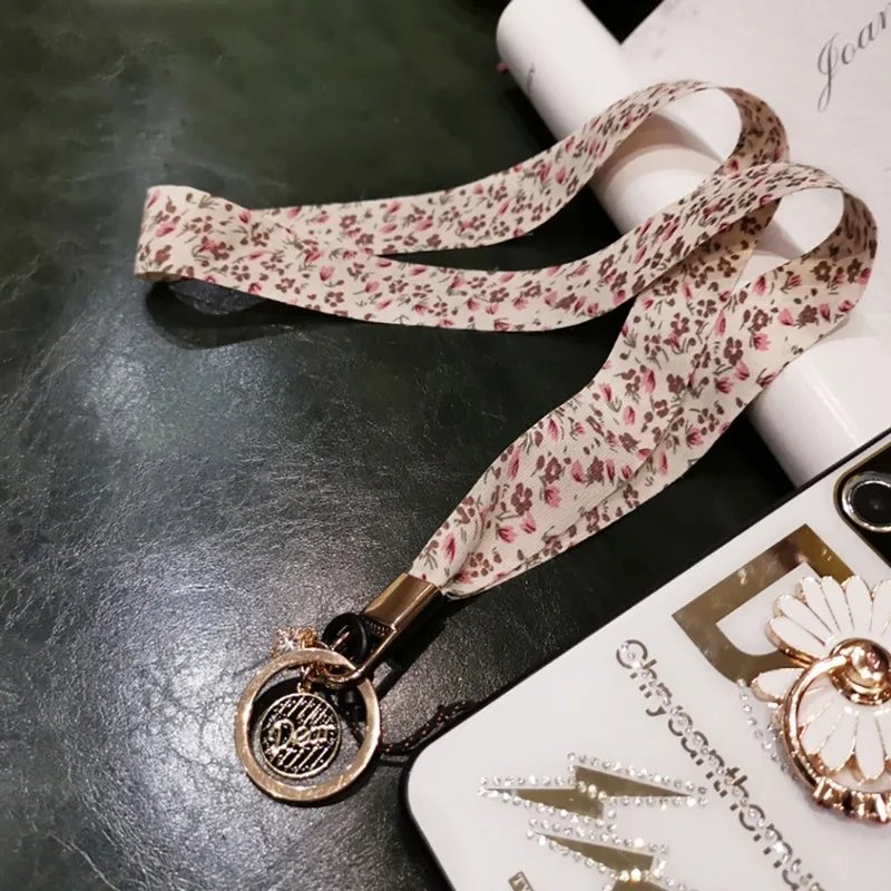 Floral Silk Scarf Mobile Phone Lanyard Universal Detachable Cellphone Strap Long Hanging Neck Rope For Working ID Card Keychain