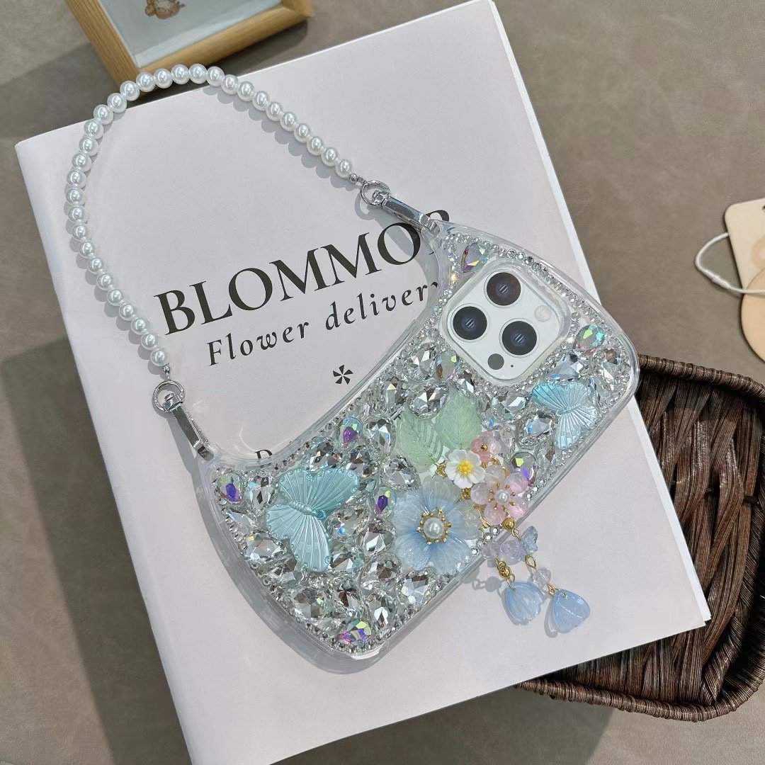 Handbag Diamond ladies Case For iPhone 15 Pro Max Bling Flower Rhinestones Case With Pearl Straps