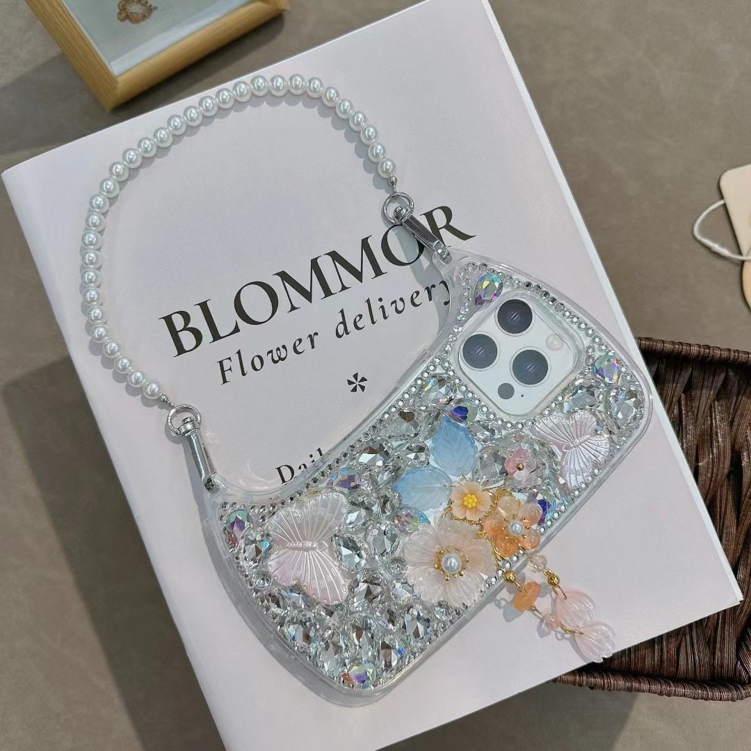 Handbag Diamond ladies Case For iPhone 15 Pro Max Bling Flower Rhinestones Case With Pearl Straps