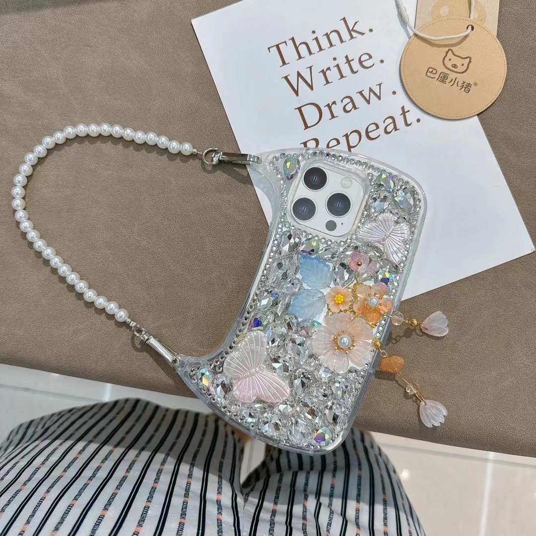 Handbag Diamond ladies Case For iPhone 15 Pro Max Bling Flower Rhinestones Case With Pearl Straps