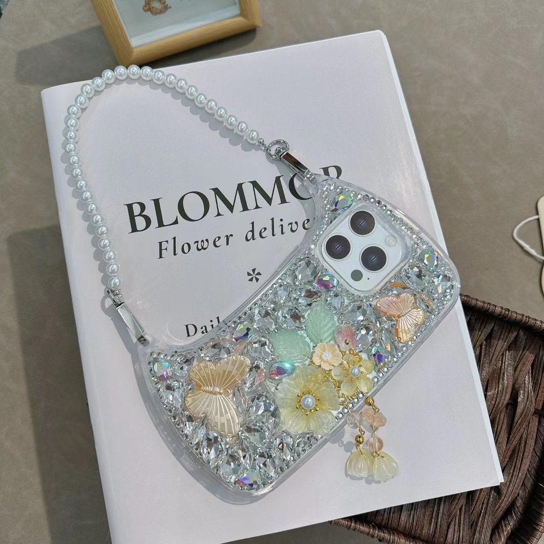 Handbag Diamond ladies Case For iPhone 15 Pro Max Bling Flower Rhinestones Case With Pearl Straps