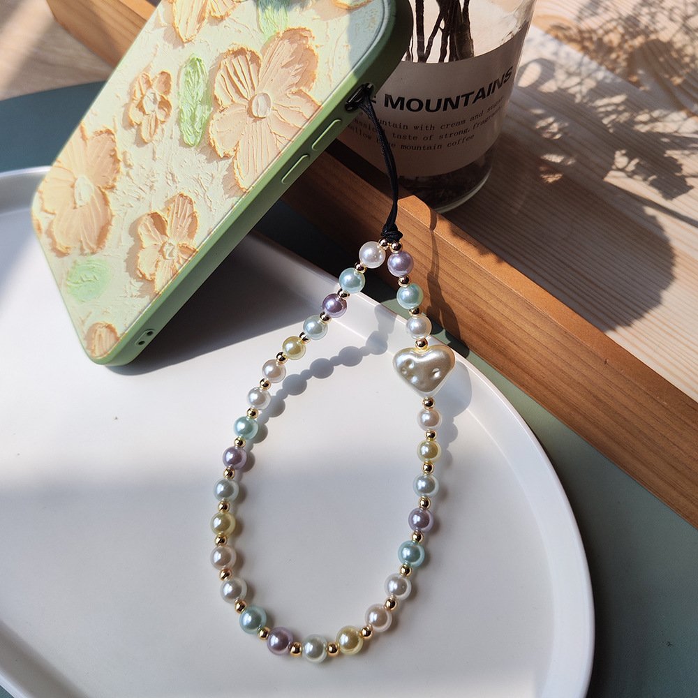Y2k Boho Heart Simulated Pearl Resin Beaded Phone Wrist Strap Bead Lanyard Bracelet Chain Rope Cord Phone Case Charm Accessories