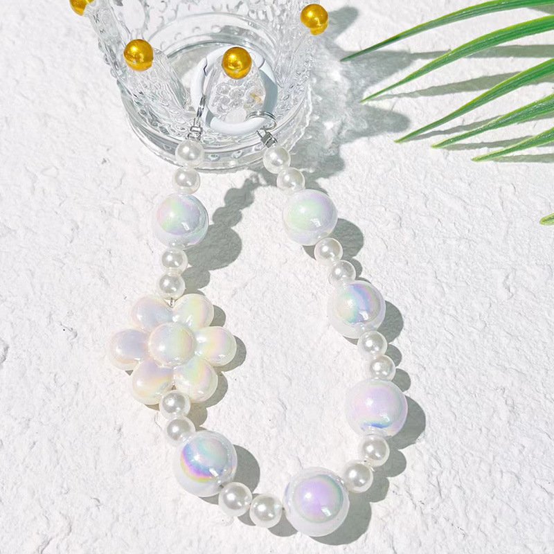 Trendy Flower Pearl Mobile Phone Chain Charm Acrylic Beaded Keychain Lanyard Strap Wristband for Bag Headphone Accessories