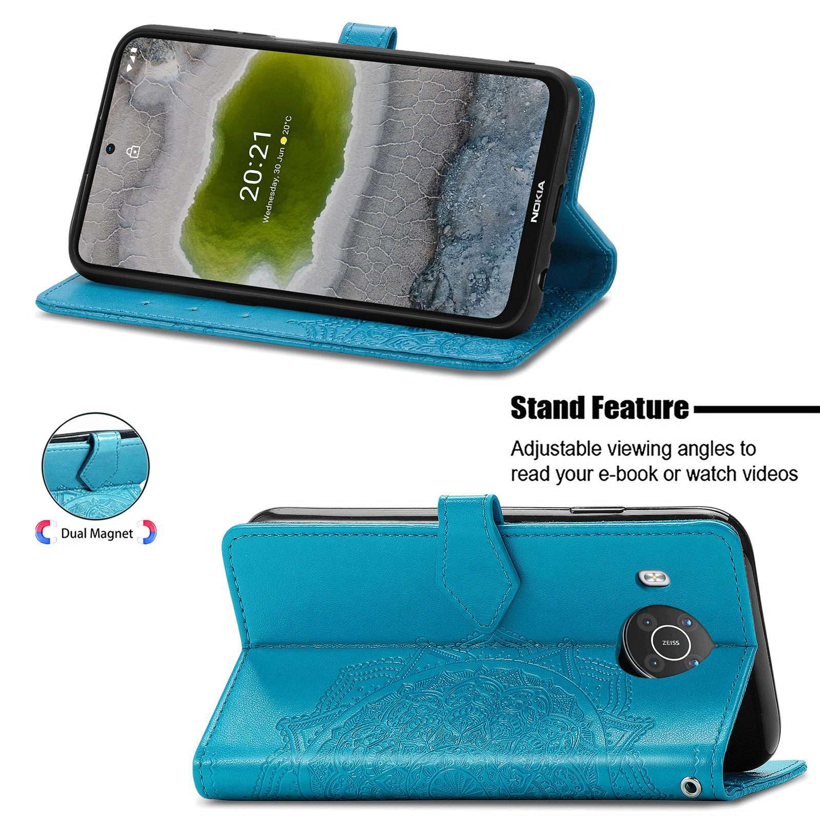 For Nokia X10 X20 PU Leather Flip Mobile Phone Case Mandala Pattern Embossed Magnetic Stand Folio Wallet Back Cover with Strap
