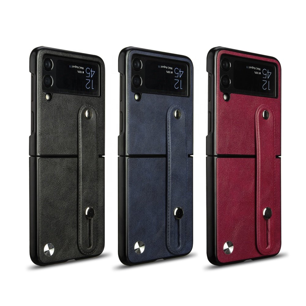 For Samsung Galaxy Z Flip 3 4 Case PU Leather Foldable Hard Back Cover Phone Case with Wrist Strap for Galaxy Z Flip 3