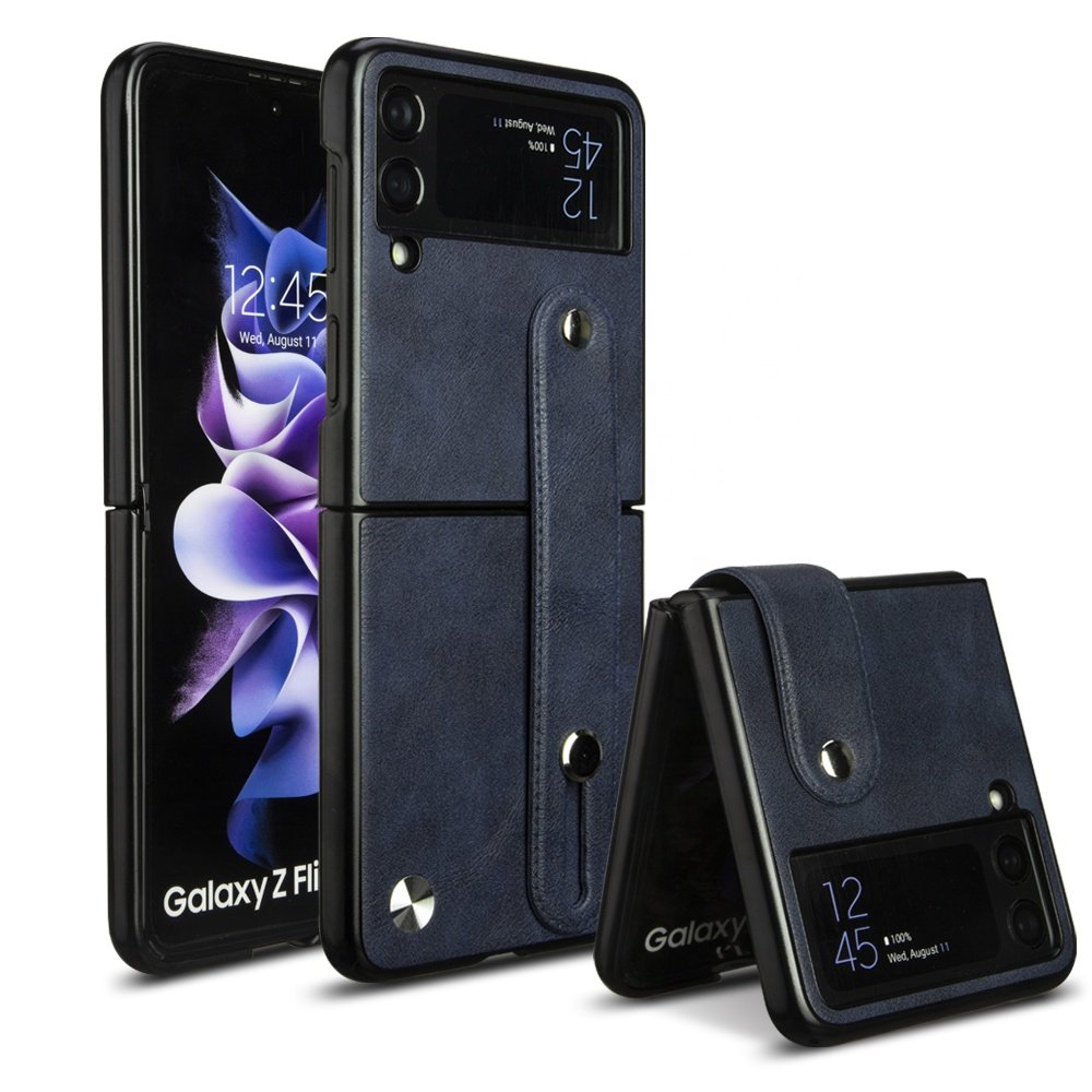 For Samsung Galaxy Z Flip 3 4 Case PU Leather Foldable Hard Back Cover Phone Case with Wrist Strap for Galaxy Z Flip 3