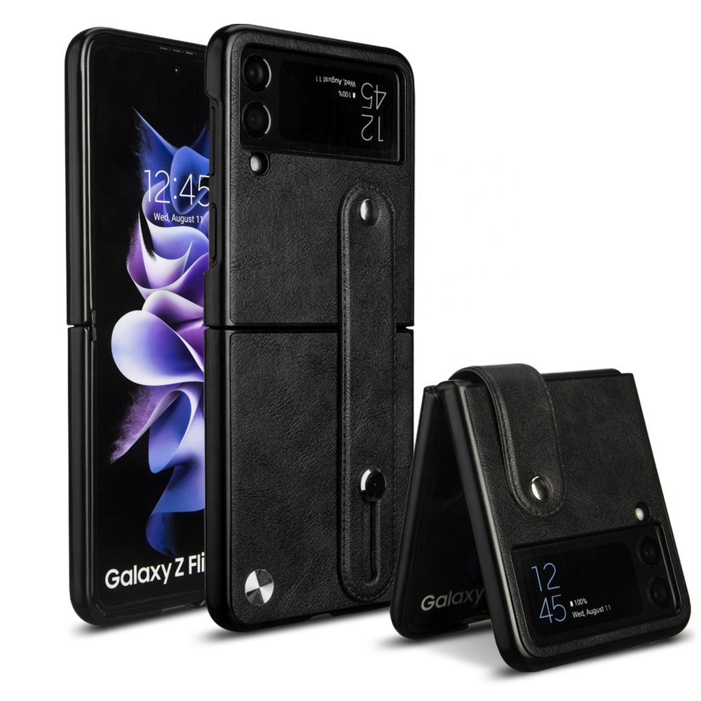 For Samsung Galaxy Z Flip 3 4 Case PU Leather Foldable Hard Back Cover Phone Case with Wrist Strap for Galaxy Z Flip 3