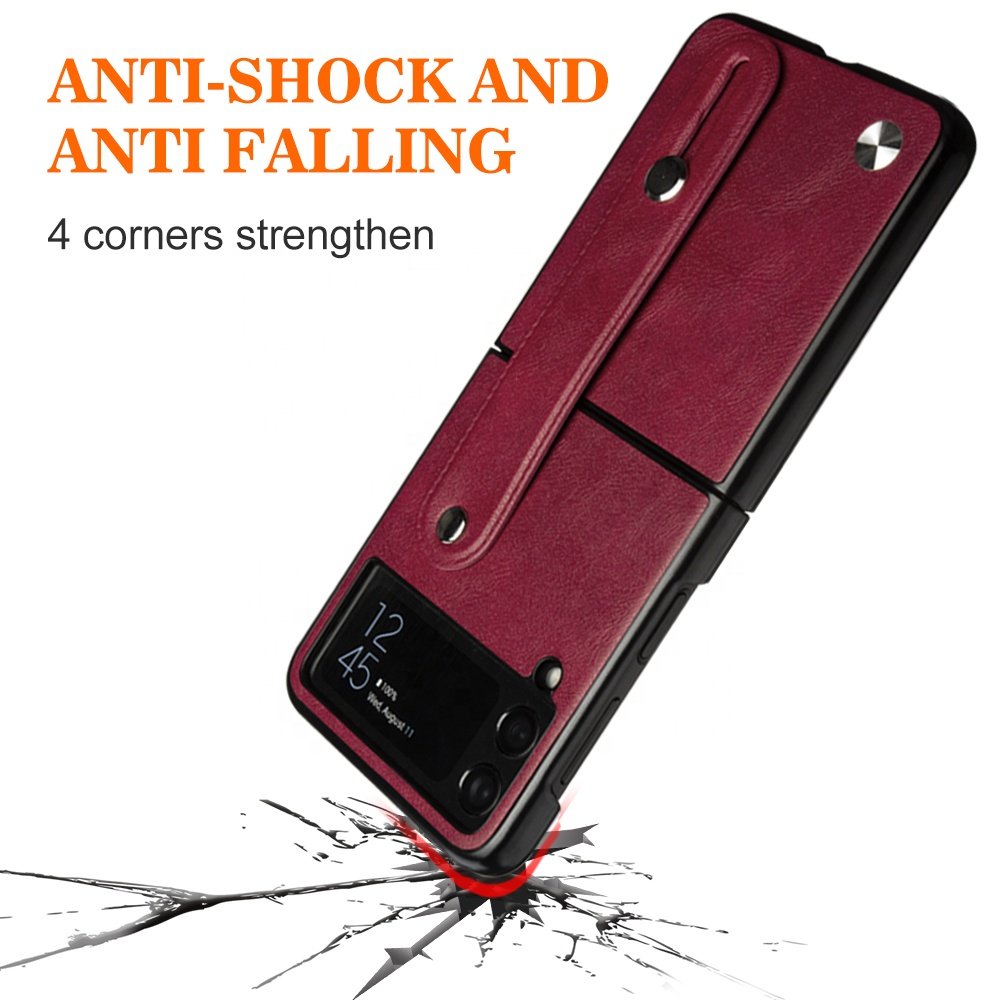 For Samsung Galaxy Z Flip 3 4 Case PU Leather Foldable Hard Back Cover Phone Case with Wrist Strap for Galaxy Z Flip 3