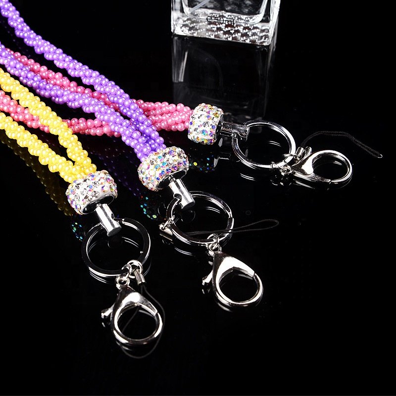 pearl bead pink crossbody chain strap mobile phone lanyard with metal clips for women for ladies keychain accessories
