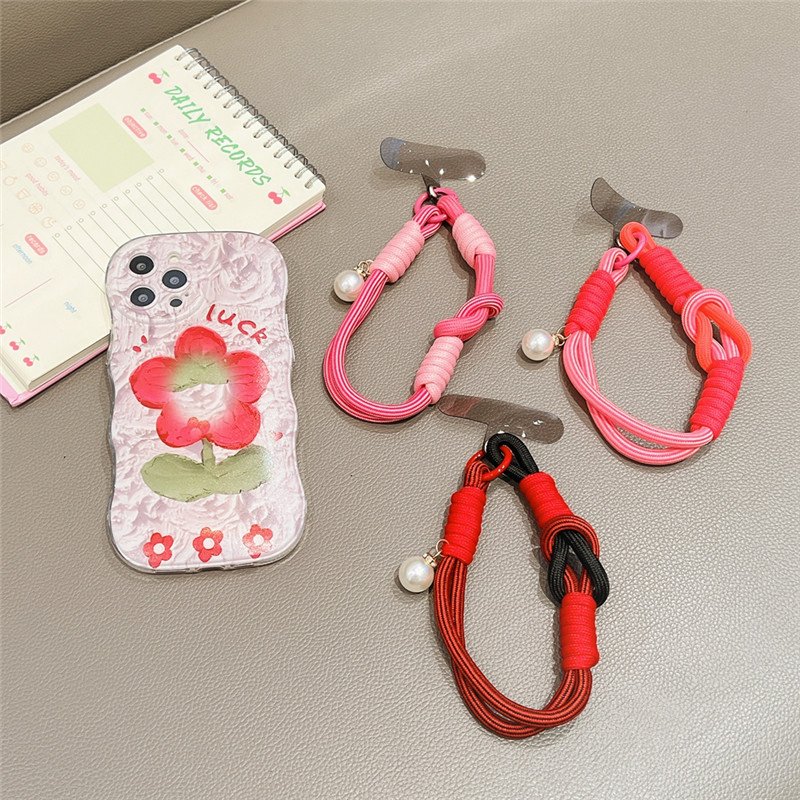 New Pearl Braided Mobile Phone Lanyard Strap Hanging Chain Ring Cord with Wrist Strap Cell Phone Holder Detachable Rope Keychai