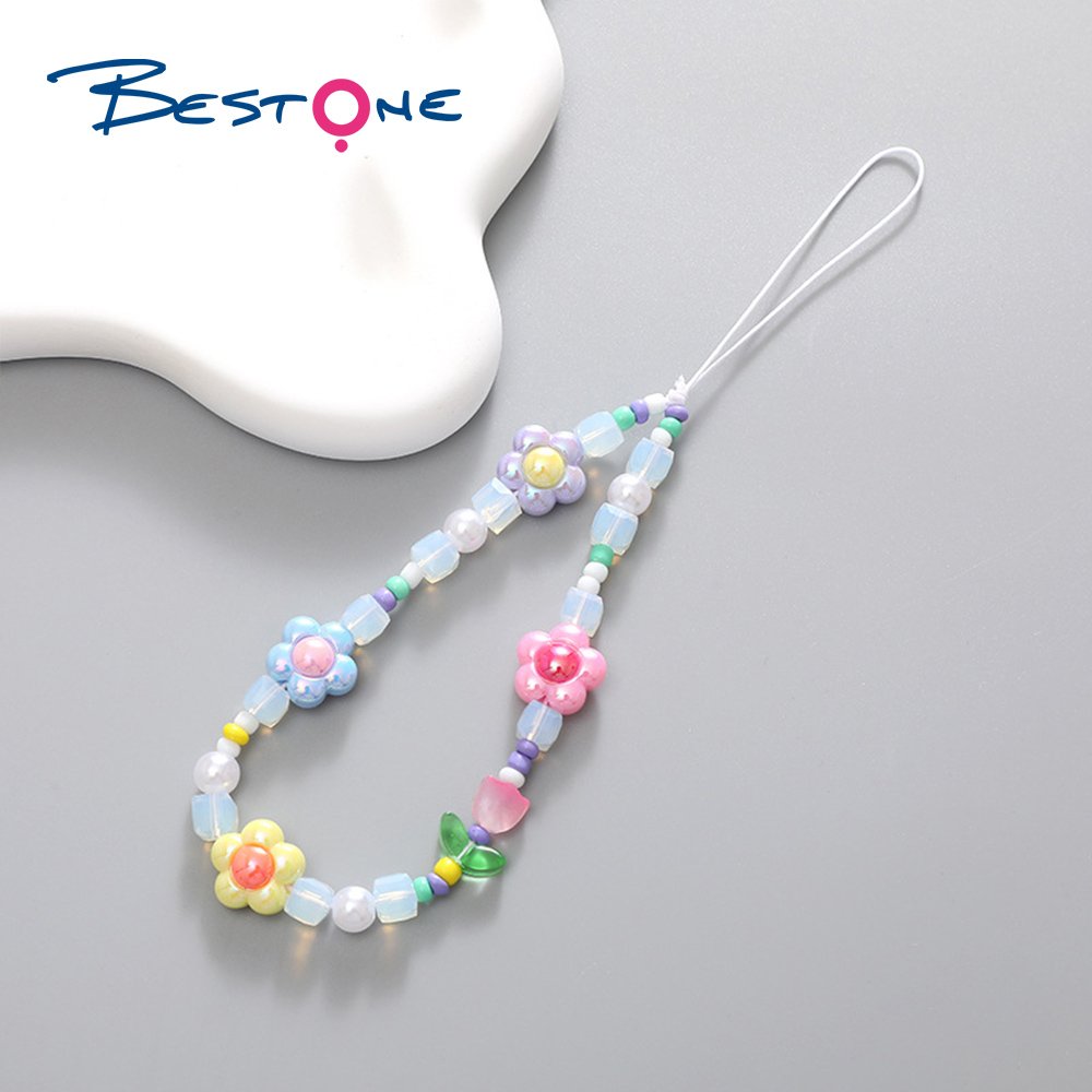 Bestone New Design Handmade Crystal Beaded Mobile Phone Case Charm Chain Customized Pearl Beads Mobile Phone Chain Straps