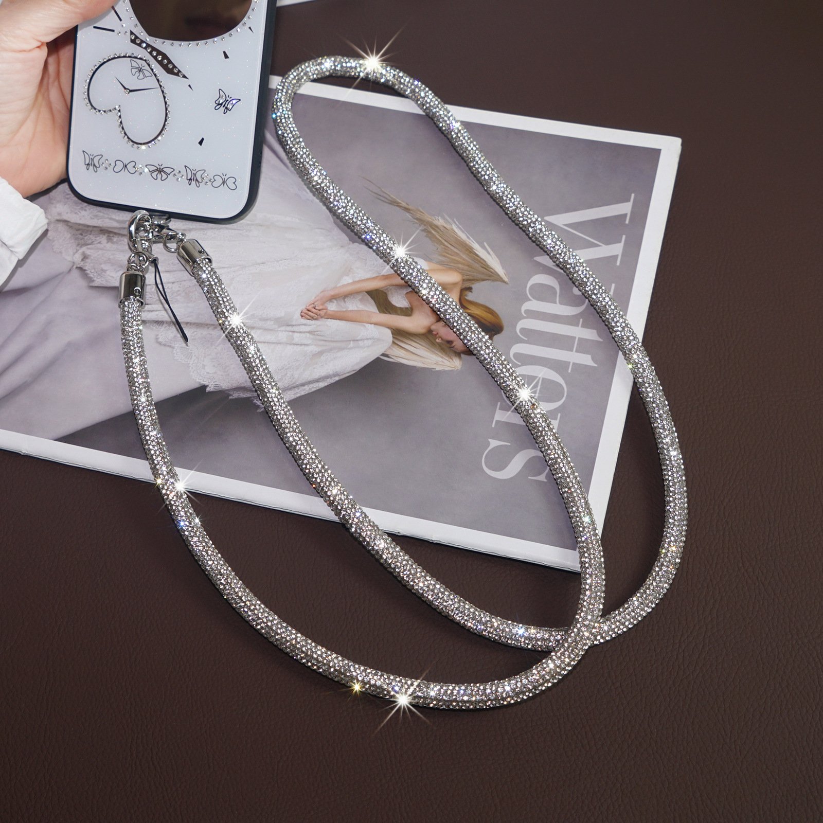 0.8cm Mobile Phone Case Crossbody Neck Shoulder Cord Strap Rhinestone Trim Cotton Base Lanyard Pendant Anti-Lost Sling Chain