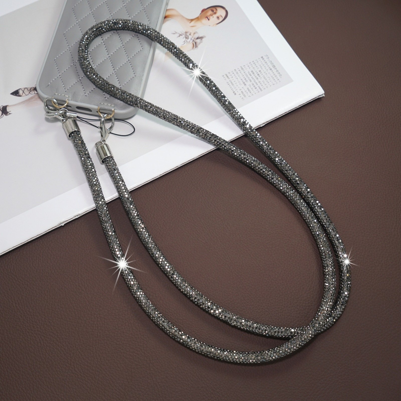 0.8cm Mobile Phone Case Crossbody Neck Shoulder Cord Strap Rhinestone Trim Cotton Base Lanyard Pendant Anti-Lost Sling Chain