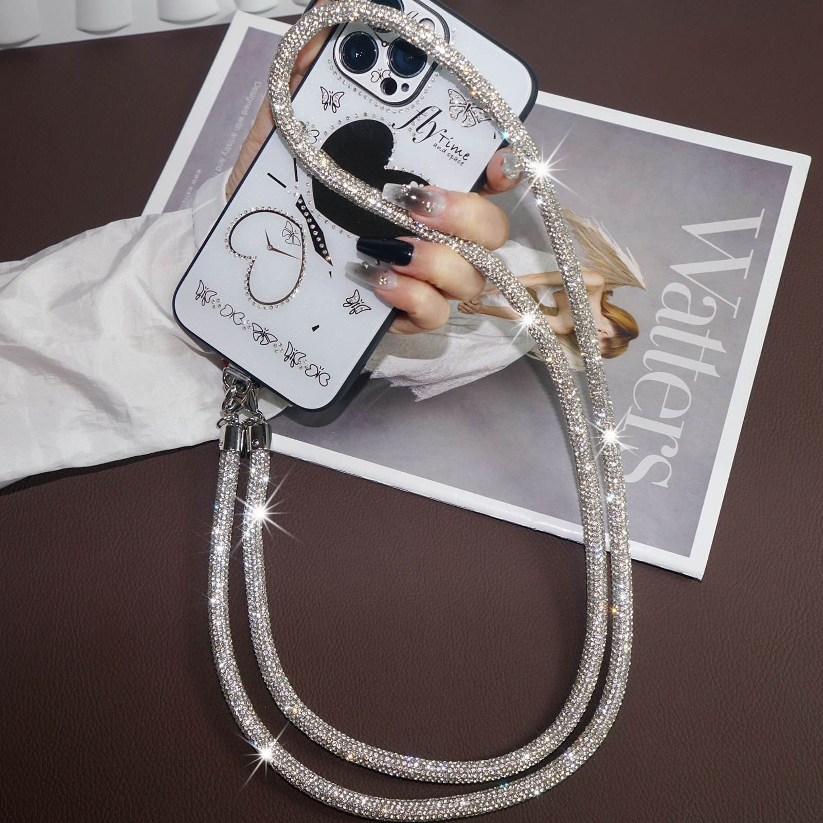 0.8cm Mobile Phone Case Crossbody Neck Shoulder Cord Strap Rhinestone Trim Cotton Base Lanyard Pendant Anti-Lost Sling Chain