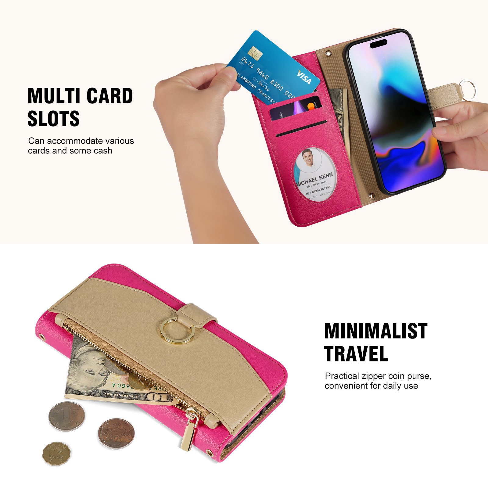Kickstand Folio Case with Card Slots Wrist Strap Lanyard Crossbody Wallet Case for iPhone 16 PU Leather Zipper Handbag Purse