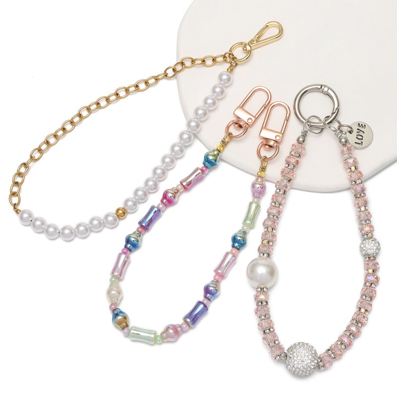 Beaded Phone Lanyard Wrist Strap Pearl Rainbow Color Beaded Phone Chain Strap