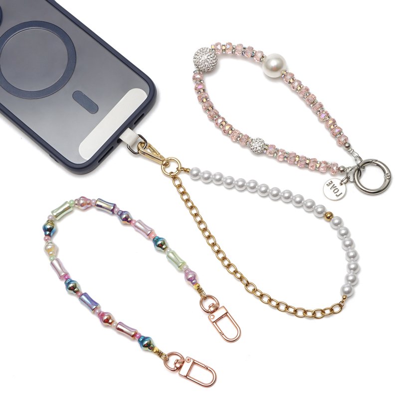 Beaded Phone Lanyard Wrist Strap Pearl Rainbow Color Beaded Phone Chain Strap