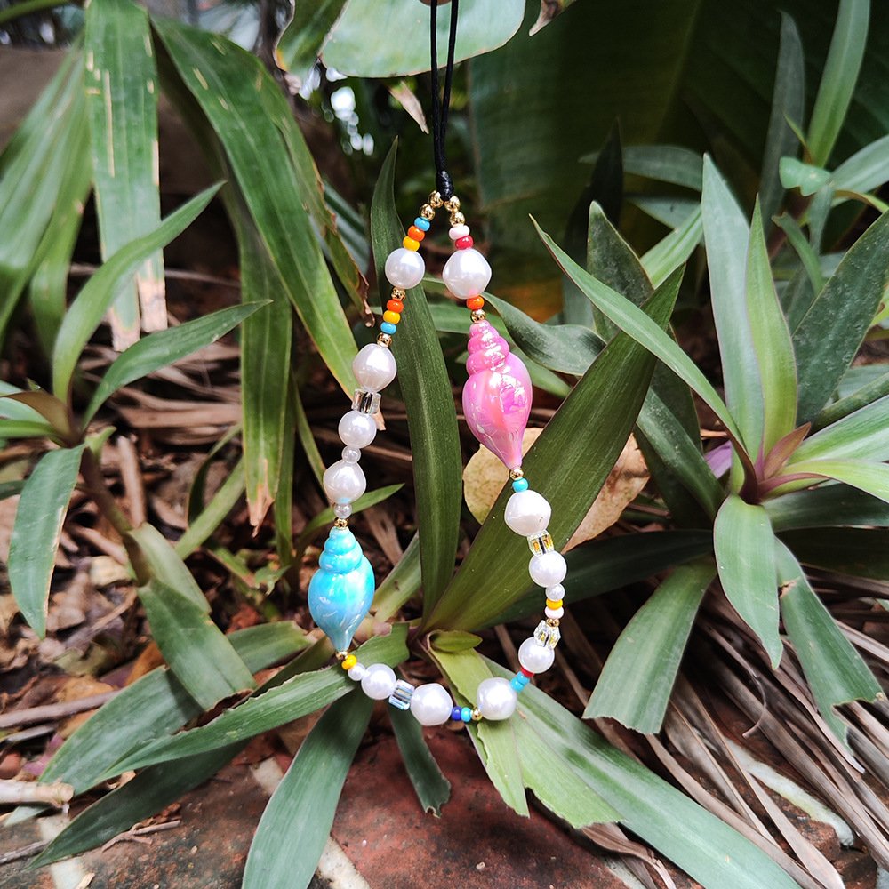 Korean Acrylic Pearl Conch Beads Mobile Phone Straps Cord Rope Wrist Lanyard Chain Bracelet Cell Phone Case Charms Accessories
