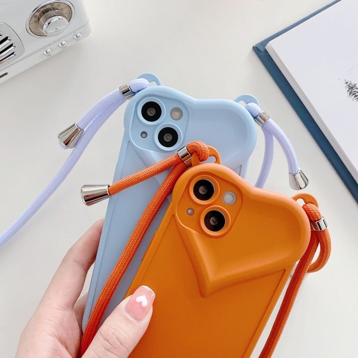 Simple Heart Shaped Silicone TPU Lanyard Crossbody Phone Case For iPhone 15 pro max 14 13 12 11 Shockproof Protect Back Cover