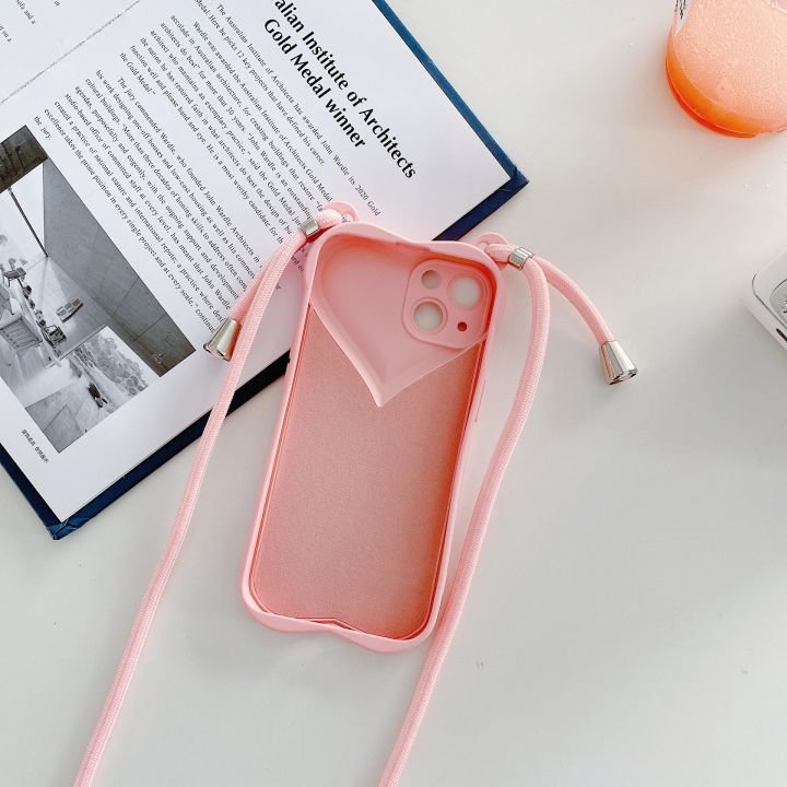 Simple Heart Shaped Silicone TPU Lanyard Crossbody Phone Case For iPhone 15 pro max 14 13 12 11 Shockproof Protect Back Cover