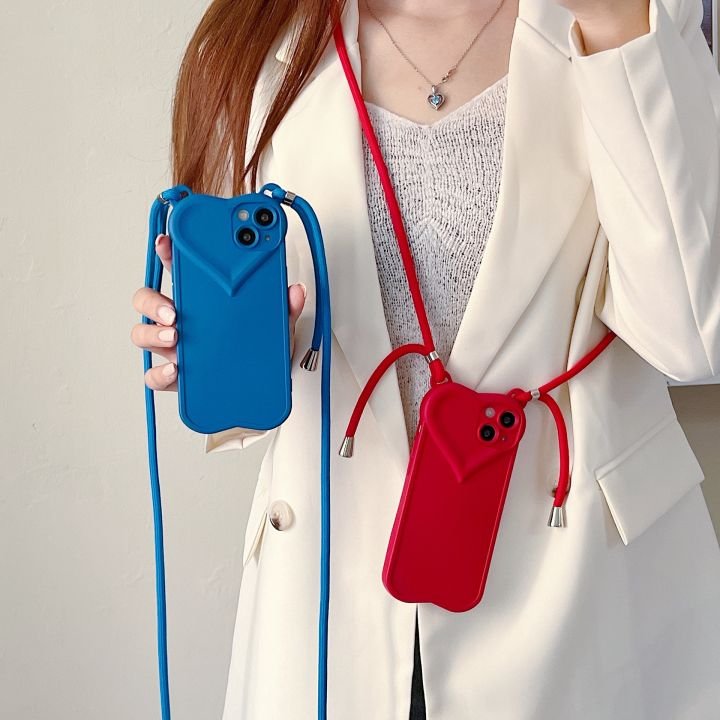 Simple Heart Shaped Silicone TPU Lanyard Crossbody Phone Case For iPhone 15 pro max 14 13 12 11 Shockproof Protect Back Cover