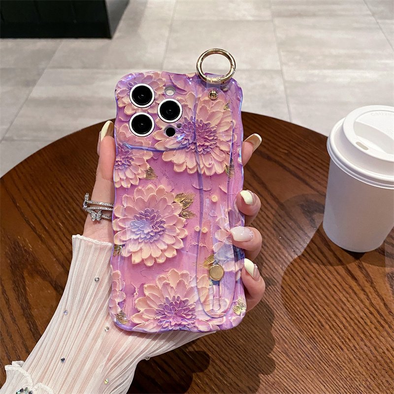 Korean blue wave purple flower wristband fashion mobile phone case for iPhone16 15promax 14pro fall 13 protective case 12 11