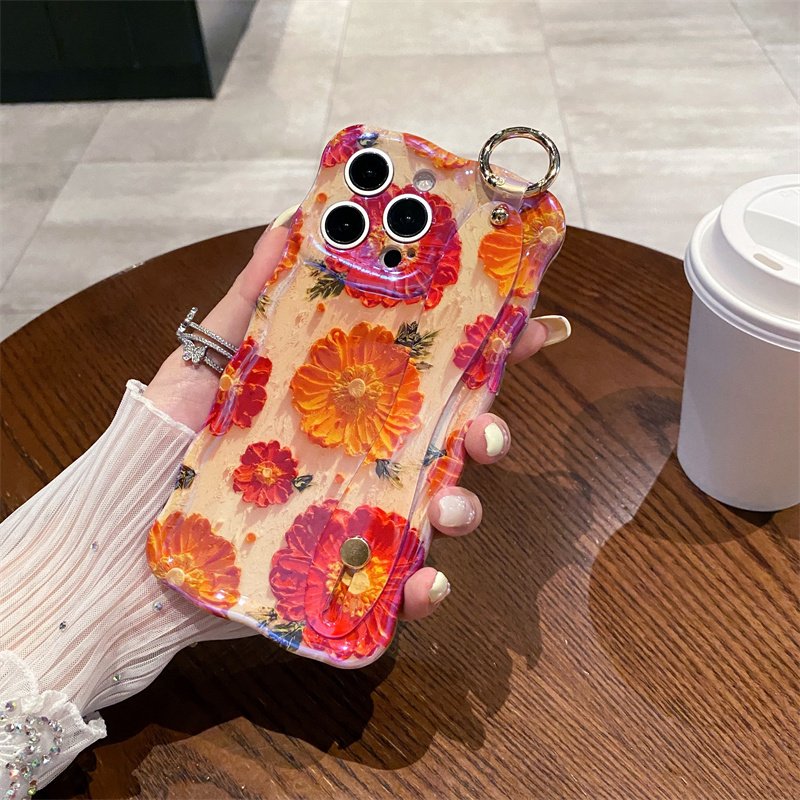 Korean blue wave purple flower wristband fashion mobile phone case for iPhone16 15promax 14pro fall 13 protective case 12 11