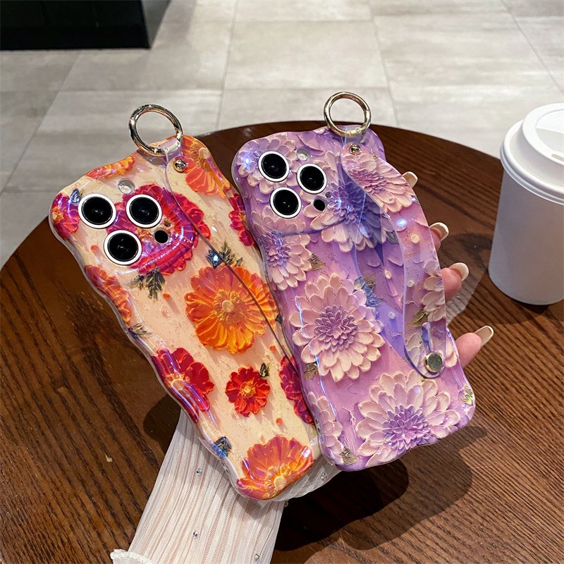Korean blue wave purple flower wristband fashion mobile phone case for iPhone16 15promax 14pro fall 13 protective case 12 11