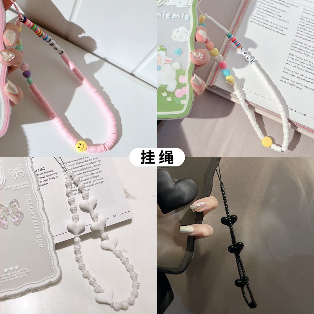 Heart Phone Chains Acrylic Beaded Mobile Phone Case Lanyard Keychain Straps Wristband Accessories