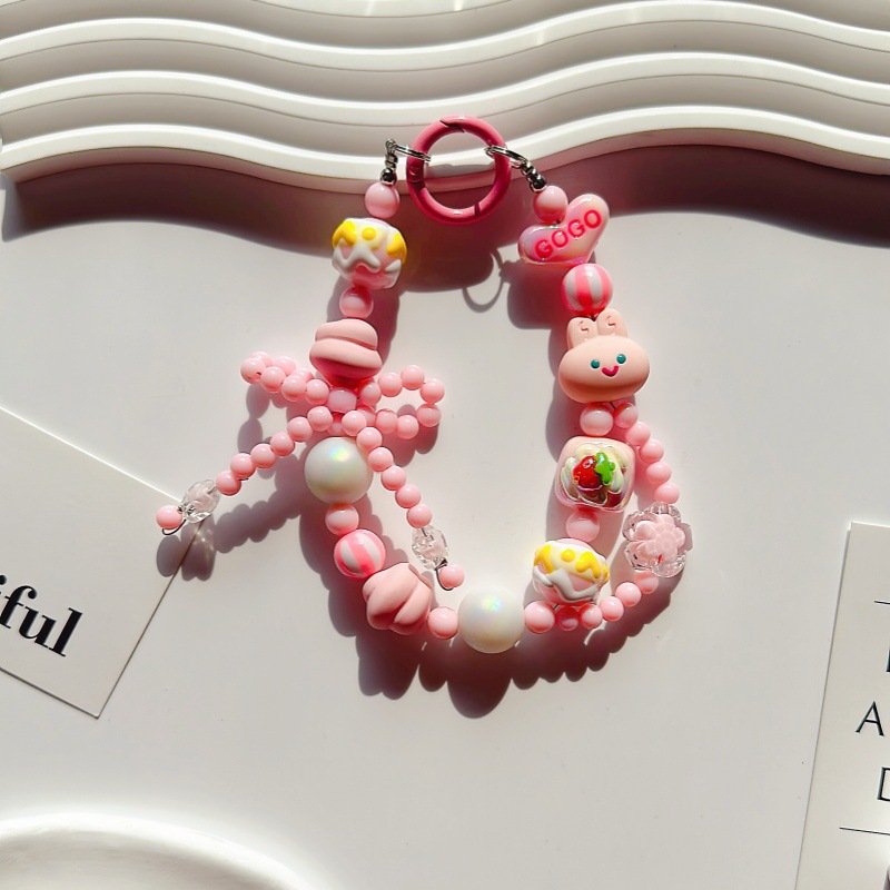 Cute Beaded Acrylic Cartoon Bracelet Keychain New Mobile Phone Chain Pendant Bag for Cellphones Plastic Keychains