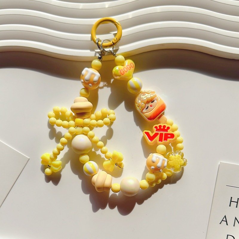 Cute Beaded Acrylic Cartoon Bracelet Keychain New Mobile Phone Chain Pendant Bag for Cellphones Plastic Keychains