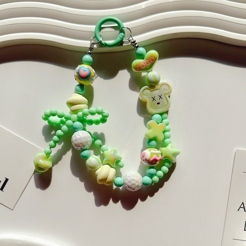 Cute Beaded Acrylic Cartoon Bracelet Keychain New Mobile Phone Chain Pendant Bag for Cellphones Plastic Keychains