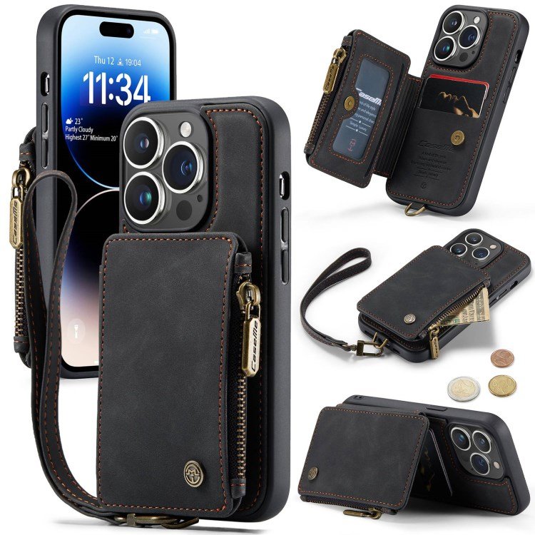 CASEME C20 PU Leather Wallet Phone Case Zipper Pocket Card Holder Kickstand Cover with Strap for iPhone 13 14 15 Plus Pro Max