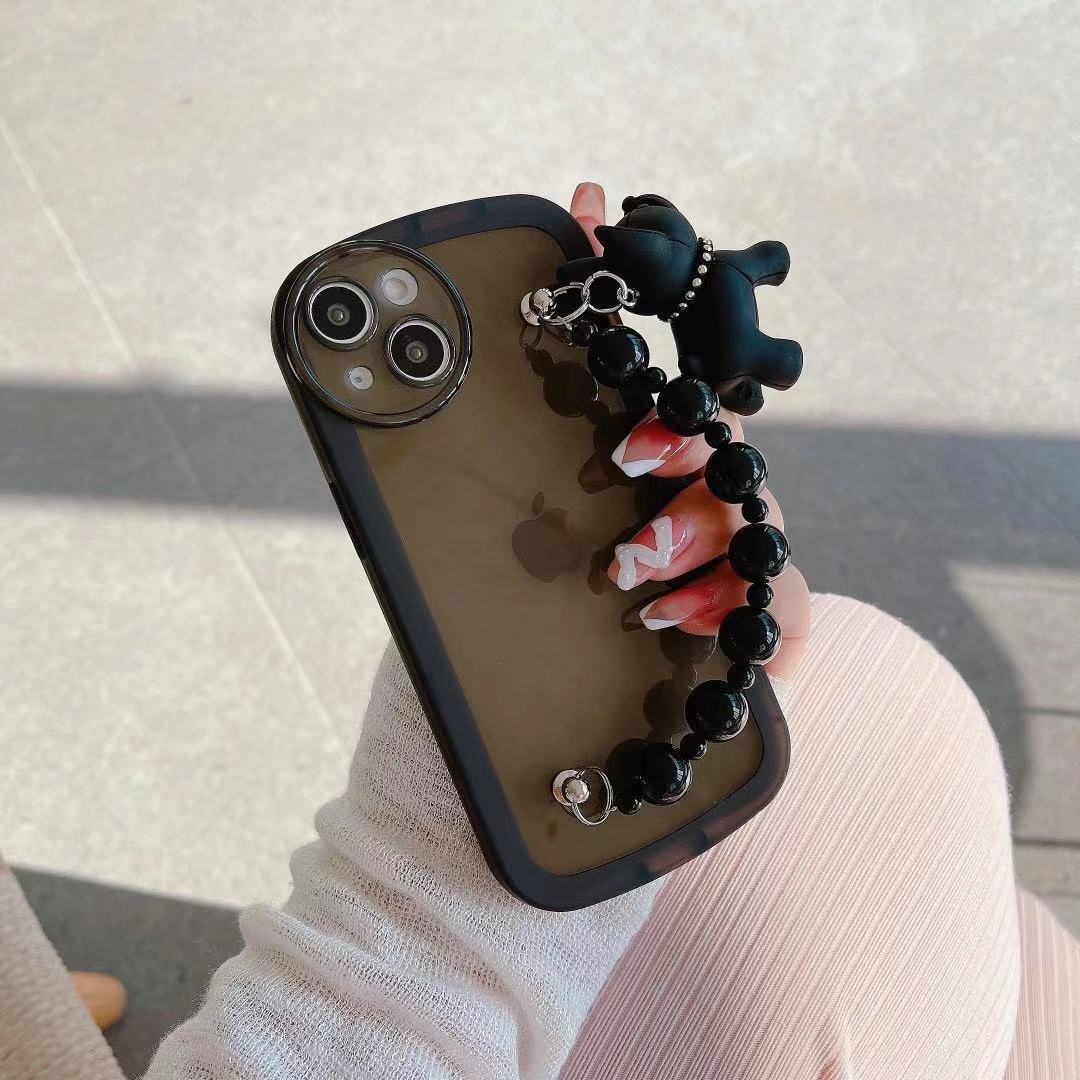 black tpu Aesthetic phone case colored mobile case cover shell for iphone 11 cases with bear chain 12 13 14 pro 15 pro max