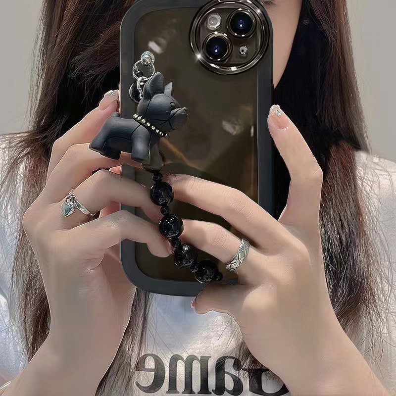 black tpu Aesthetic phone case colored mobile case cover shell for iphone 11 cases with bear chain 12 13 14 pro 15 pro max