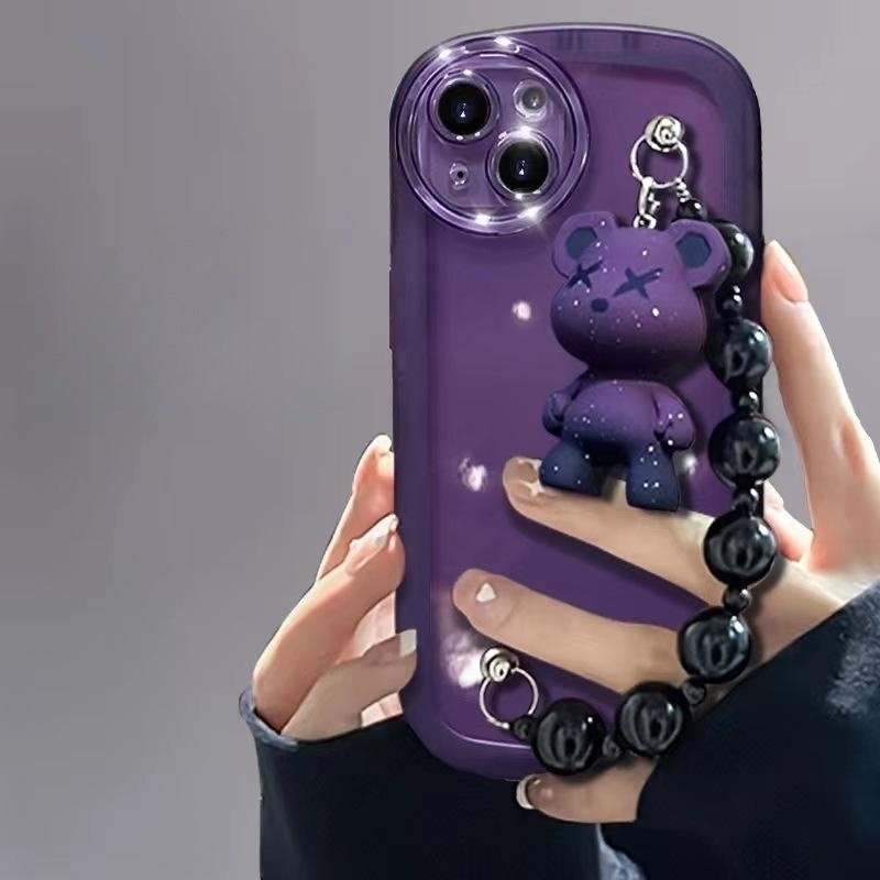 black tpu Aesthetic phone case colored mobile case cover shell for iphone 11 cases with bear chain 12 13 14 pro 15 pro max
