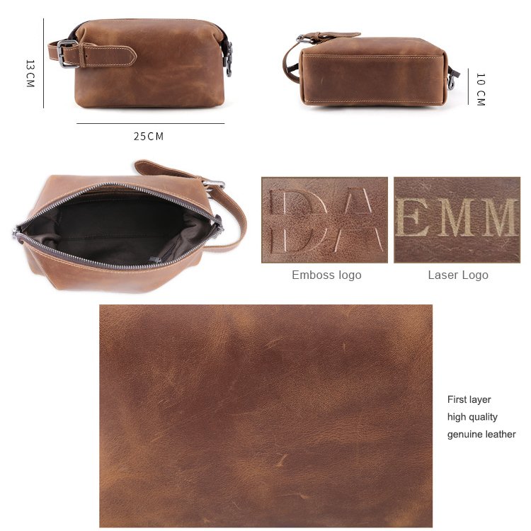 Wholesale Customization genuine leather toiletry bag mens travel cosmetic bag dopp kit leather groomsmen