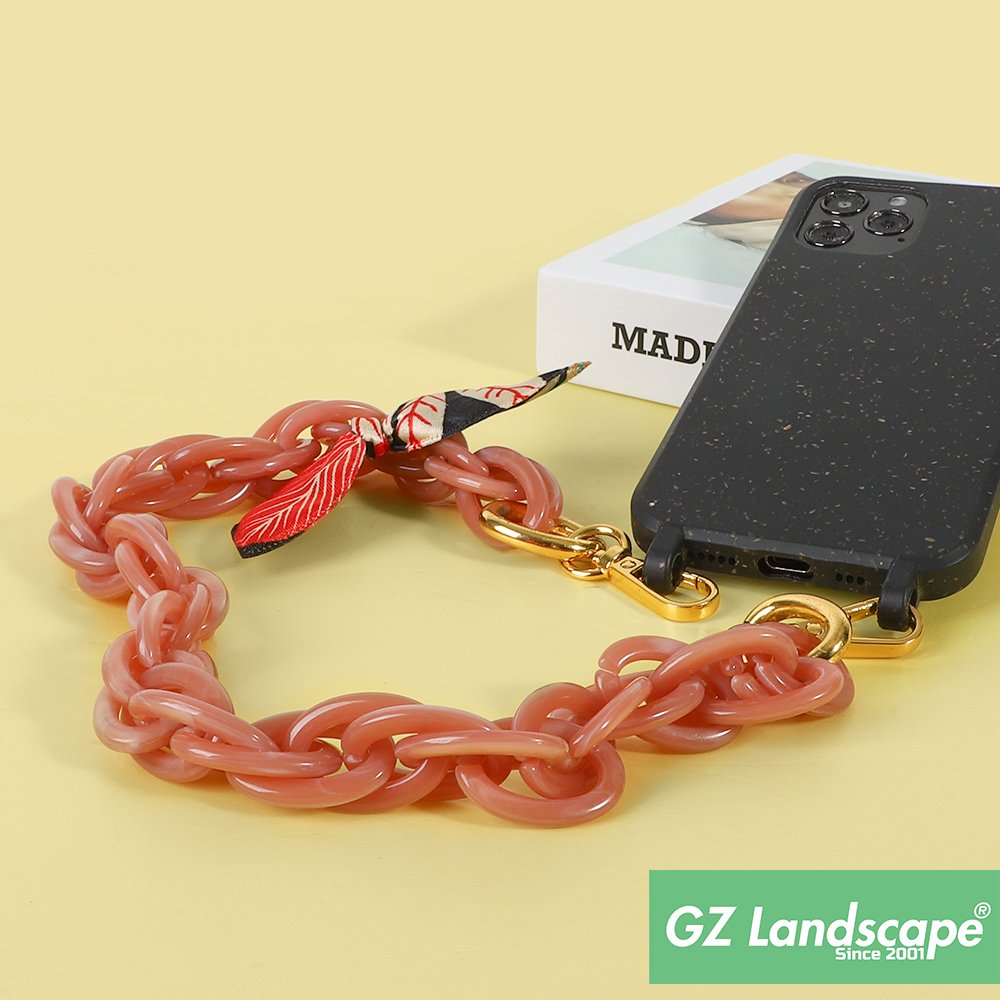 Double link interweave unique phone wrist straps bow marble link chain short acrylic mobile phone charms for phone case