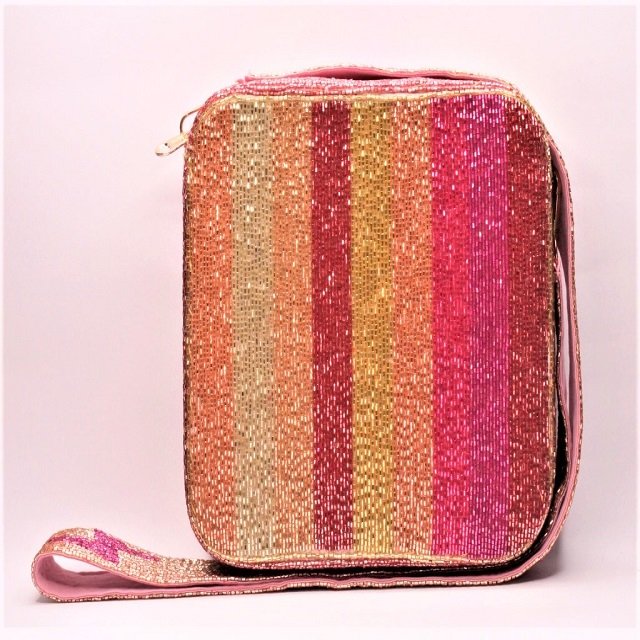 Pink Ombre Stripe Box Bag Purse with Lightning Bolt Strap /Zipper Closure / Handmade Seed Beads / Gold Hardware / Unique Gifts