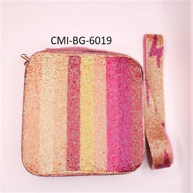 Pink Ombre Stripe Box Bag Purse with Lightning Bolt Strap /Zipper Closure / Handmade Seed Beads / Gold Hardware / Unique Gifts