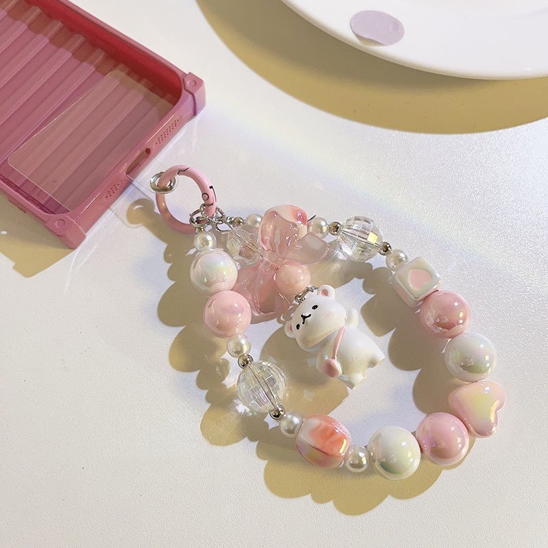Fashion pink keychain lanyard phone wrist strap beaded adjustable wrist phone strap pastel phone strap