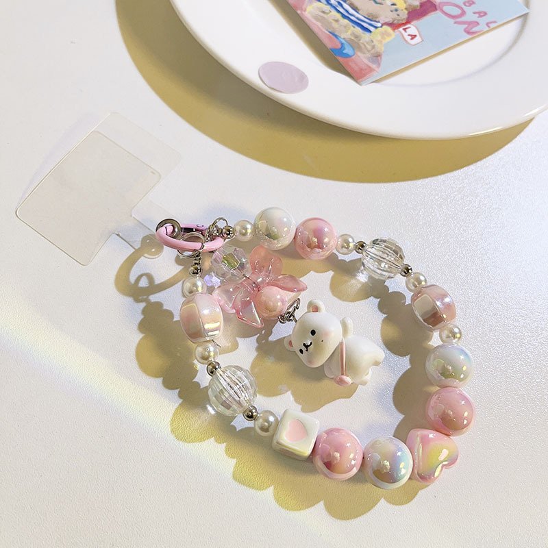 Fashion pink keychain lanyard phone wrist strap beaded adjustable wrist phone strap pastel phone strap