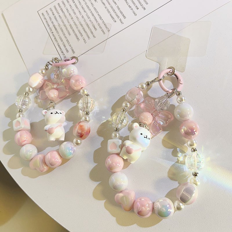 Fashion pink keychain lanyard phone wrist strap beaded adjustable wrist phone strap pastel phone strap