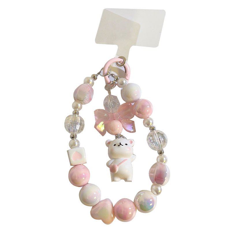 Fashion pink keychain lanyard phone wrist strap beaded adjustable wrist phone strap pastel phone strap