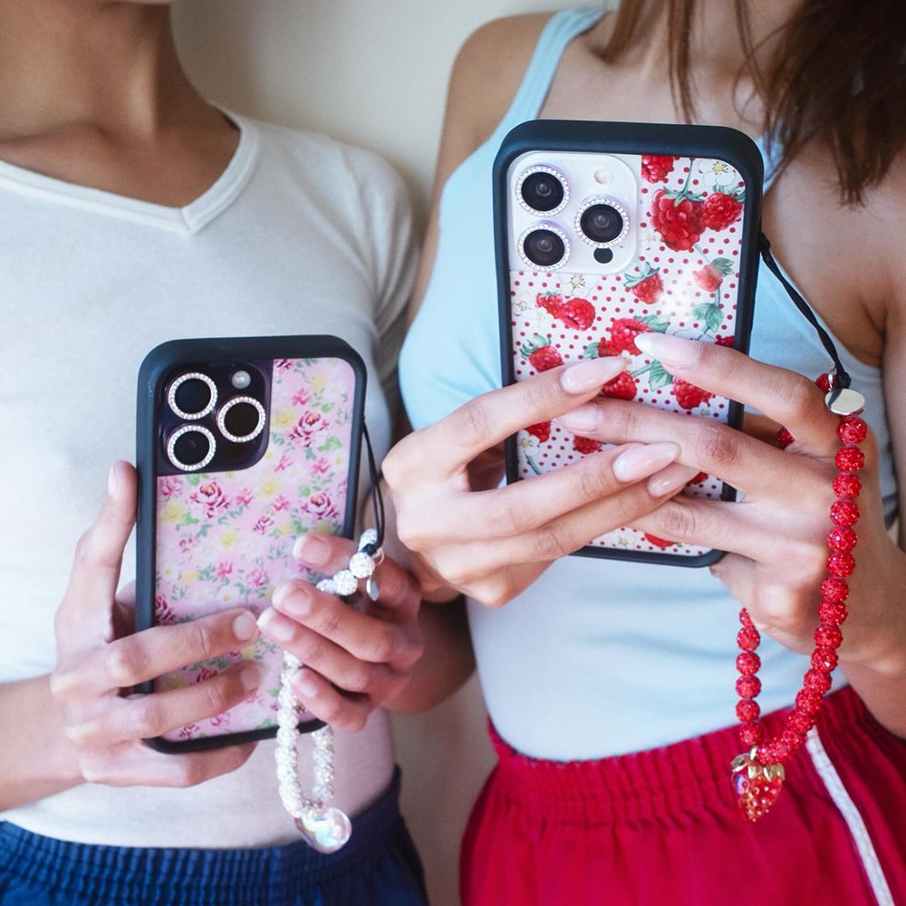 Bling Red White Rhinestone Clay Ball Heart Cellphone Wrist Strap Beads Beaded Lanyard Bracelet Chain Rope Cord Phone Case Charms
