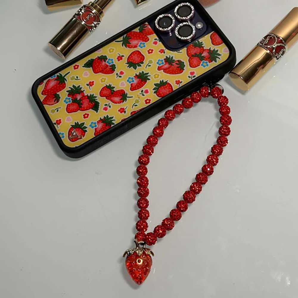 Bling Red White Rhinestone Clay Ball Heart Cellphone Wrist Strap Beads Beaded Lanyard Bracelet Chain Rope Cord Phone Case Charms
