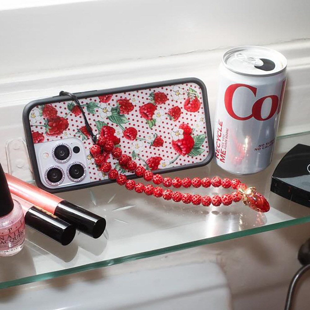 Bling Red White Rhinestone Clay Ball Heart Cellphone Wrist Strap Beads Beaded Lanyard Bracelet Chain Rope Cord Phone Case Charms