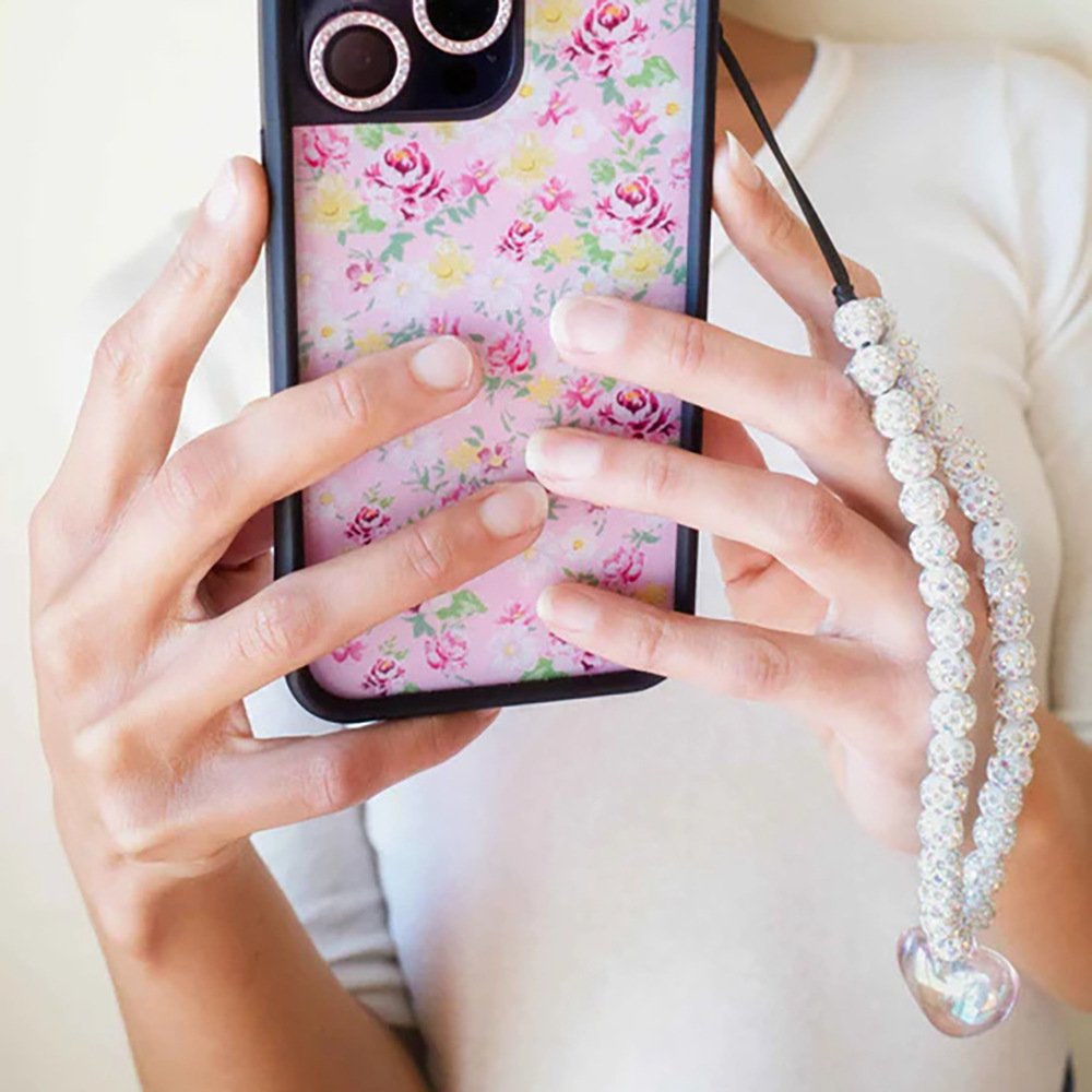 Bling Red White Rhinestone Clay Ball Heart Cellphone Wrist Strap Beads Beaded Lanyard Bracelet Chain Rope Cord Phone Case Charms
